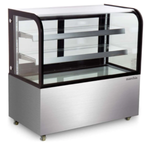 Marchia Refrigerated Bakery Display Case, 47-4/5"W, 14.1 cu. ft. capacity, bottom mounted self-contained mounted refrigeration, curved front tempered glass, sliding rear doors, (2) adjustable glass shelves, 36.6° to 47.4°F temperature range, digital temperature control, automatic defrost, LED interior lighting, stainless steel base, (4) casters (2 with brakes), R290 Hydrocarbon refrigerant, 490 watts, 110-120v/60/1-ph, 3.7 amps, cord, NEMA 5-15P, NSF, cETLus, ETL-Sanitation, UL, CSA
