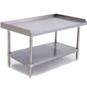 Prepline Equipment Stand, 48" length, 30" depth, stainless steel structure, 18GA.430S/S top, galvanized undershelf, plastic bullet feet, top reinforced with hat channel frame, knock-down design, 3 side backsplash, carton box packing, NSF certified