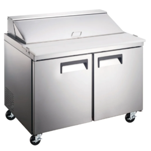 Coldline Standard Top Sandwich/Salad Refrigerator, two-section, 46-4/5" W, 9.5 cu. ft. capacity, rear mounted self-contained mounted refrigeration, (12) 1/6 pan capacity, (2) self-closing solid hinged doors with 90° stay open feature, (2) PVC coated adjustable wire shelves, 10"D cutting board, 33° to 41°F temperature range, digital temperature control, automatic defrost, stainless steel exterior, stainless steel interior, (4) casters (2 with brakes), R290 Hydrocarbon refrigerant, 1/4 HP, 115v/60/1-ph, 4.56 amps, cord, NEMA 5-15P, NSF, cETLus, ETL-Sanitation