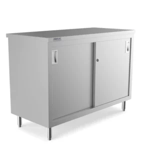 Prepline Enclosed Base Work Table, 36" length, 30" depth, stainless steel structure, 16GA 430S/S, sliding doors with recessed handle, adjustable and removable shelf, bullet feet, knock-down packaging, NSF certified