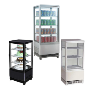 Marchia Rotating Refrigerated Display Case, countertop, 17-11/16"W, 2.5 cu. ft. capacity, bottom mounted self-contained mounted refrigeration, hinged rear door, (3) chrome-plated shelves, 37° to 53°F temperature range, digital temperature control, automatic defrost, LED interior lighting, stainless steel exterior, R134a refrigerant, 190 watts, 110v/60/1-ph, 1.2 amps, cord, NEMA 5-15P, cETLus, ETL-Sanitation