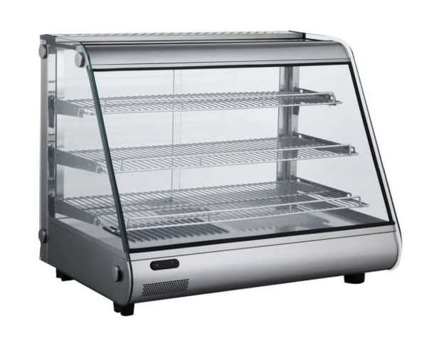 Marchia Heated Stainless Steel Countertop Display Case, 26.7"W, 4.6 cu. ft. capacity, sliding rear doors, front slanted glass, (3) chrome plated adjustable wire shelves, 86° to 194°F temperature range, digital temperature control, LED interior light, stainless steel interior & exterior, 115v/60/1-ph, 9.6 amps, cord, NEMA 5-15P