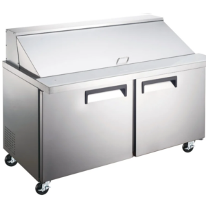 Coldline Mega Top Sandwich/Salad Refrigerator, two-section, 60-1/5" W, 15.0 cu. ft. capacity, rear mounted self-contained mounted refrigeration, (24) 1/6 pan capacity, (2) self-closing solid hinged doors with 90° stay open feature, (2) PVC coated adjustable wire shelves, 8"D cutting board, 33° to 41°F temperature range, digital temperature control, automatic defrost, LED interior light, stainless steel exterior, stainless steel interior, (4) casters (2 with brakes), R290 Hydrocarbon refrigerant, 1/4 HP, 115v/60/1-ph, 4.8 amps, cord, NEMA 5-15P, NSF, cETLus, ETL-Sanitation