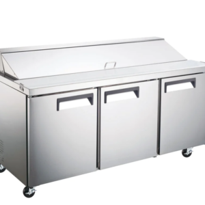 Coldline Standard Top Sandwich/Salad Refrigerator, three-section, 70-2/5" W, 15.5 cu. ft. capacity, rear mounted self-contained mounted refrigeration, (18) 1/6 pan capacity, (3) self-closing solid hinged doors with 90° stay open feature, (3) PVC coated adjustable wire shelves, 10"D cutting board, 33° to 41°F temperature range, digital temperature control, automatic defrost, stainless steel exterior, stainless steel interior, (4) casters (2 with brakes), R290 Hydrocarbon refrigerant, 3/4 HP, 115v/60/1-ph, 8.9 amps, cord, NEMA 5-15P, NSF, cETLus, ETL-Sanitation