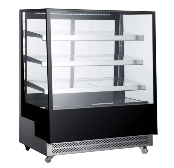 Marchia Refrigerated Bakery Display Case, 47-1/5"W, 23.0 cu. ft. capacity, bottom mounted self-contained mounted refrigeration, slanted front tempered glass, sliding rear doors, (3) adjustable glass shelves, 36.6° to 47.4°F temperature range, digital temperature control, automatic defrost, LED interior lighting, stainless steel base, (4) casters (2 with brakes), R290 Hydrocarbon refrigerant, 490 watts, 110-120v/60/1-ph, 4.0 amps, cord, NEMA 5-15P, NSF, cETLus, ETL-Sanitation, UL, CSA